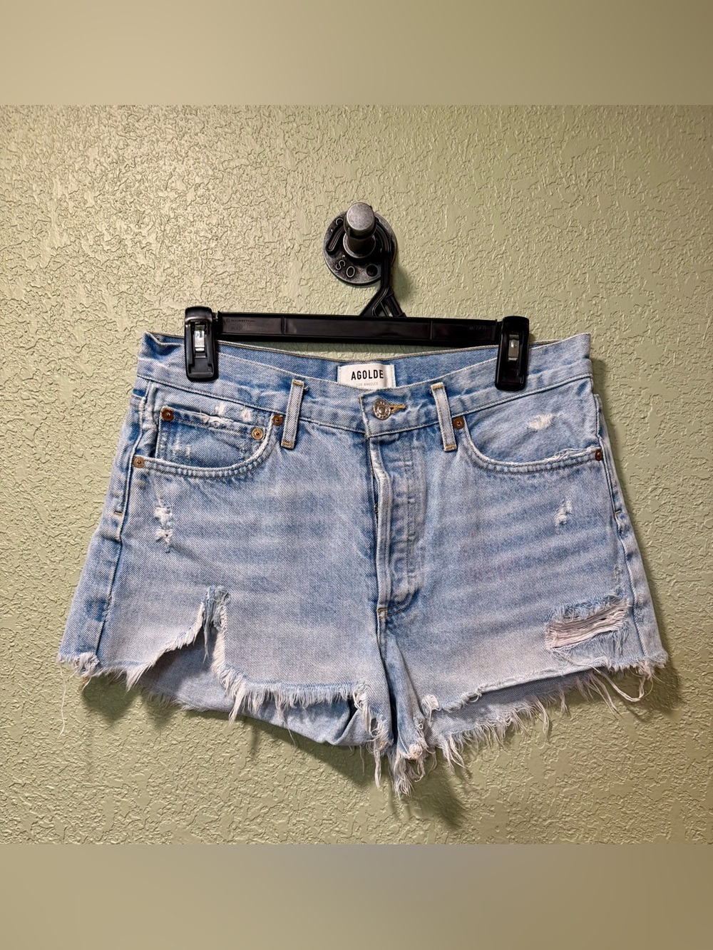 Agolde Light Wash Frayed Hem Denim Shorts 27